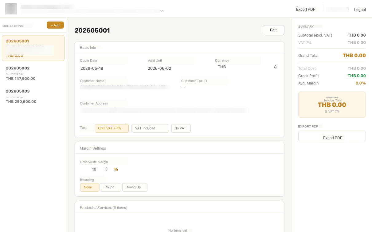 Quotation system dashboard with public data redacted